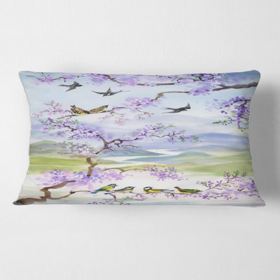 Birds on Cherry Branch Rectangular Pillow Cover & Insert