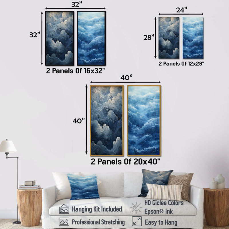 Ensemble de 2 décorations murales Coastal Wave, Cadre flottant noir, H 28 po x l 25 po