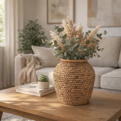Decorative Woven Water Hyacinth Vase for Home Table Accent - Natural Tall Flower Vase for Living Room, Entryway, or Shelf Decor - Tan & Brown
