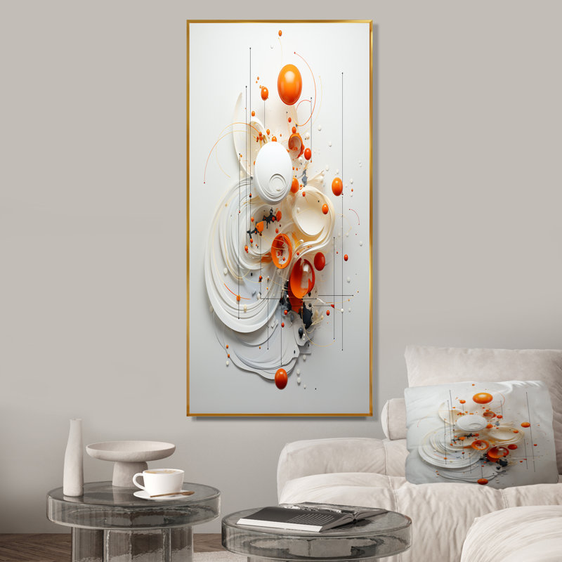 Symétrie orange et blanche en spirale I - art mural géométrique abstrait pour le salon, Cadre flottant doré