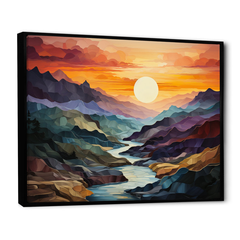 «Orange Teal Mountains Bold Landscape», reproduction d'art sur toile, H 30 po x l 40 po x P 1,5 po, Cadre flottant noir