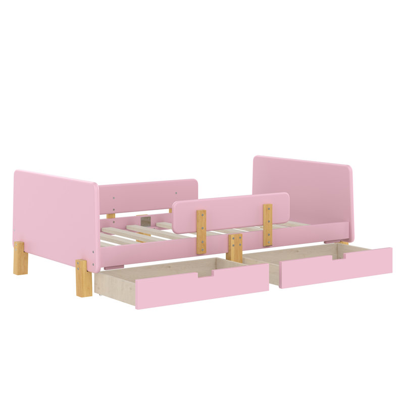 Lit plateforme avec tiroirs de rangement, structure de lit en bois massif avec garde-corps, Lit simple, Rose
