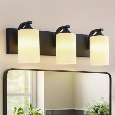 21.7in 3-Light Matte Black Bathroom Vanity Light with Milk White Glass Shades
