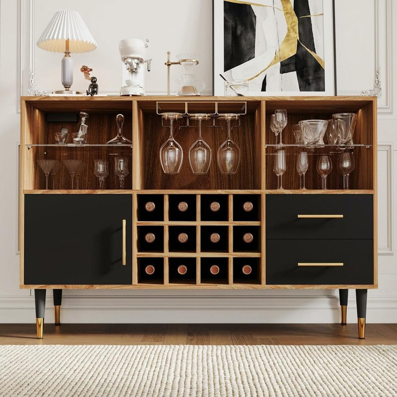 47" Wine Bar Cabinet with LED Lights & Charging Station - Modern Wood Coffee Bar with Storage, Sideboard Buffet Cabinet for Living Room, Dining Room, Apartments - Wood