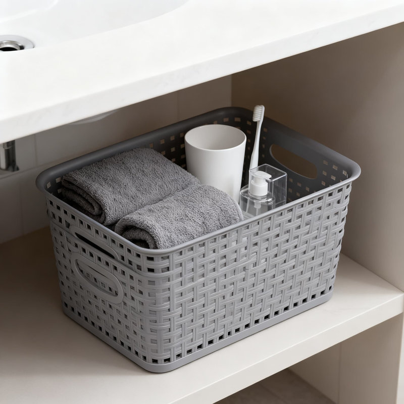 Durable Woven Plastic Storage Baskets With Handles For Shelves, Cabinets, Pantry, And Organization, Multi-Purpose Ventilated Storage Bin, Pack Of 6