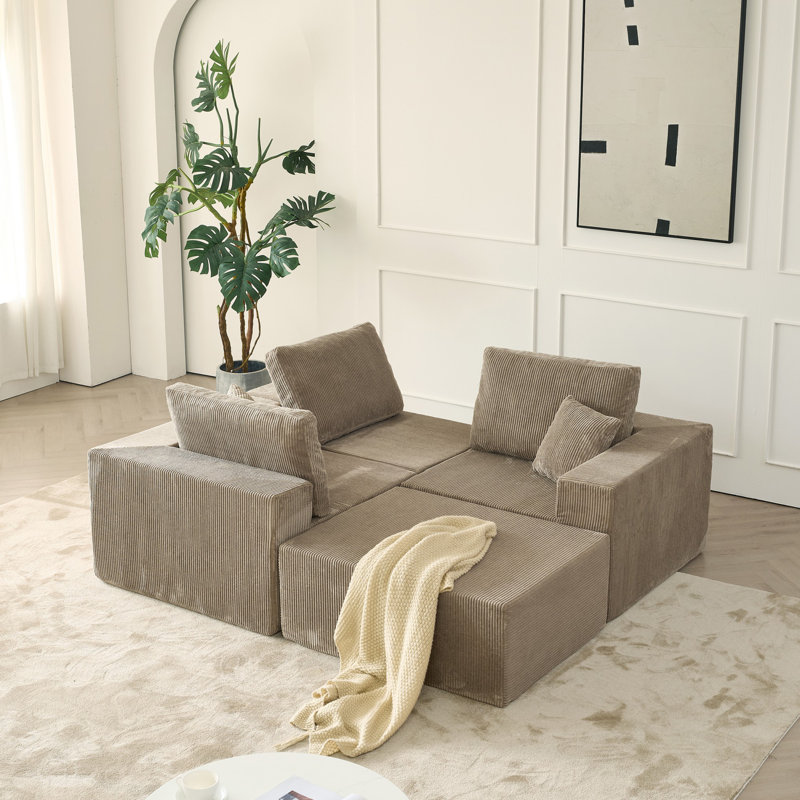 Canapé modulaire 110 po avec repose-pieds Cloud, Velours côtelé gris
