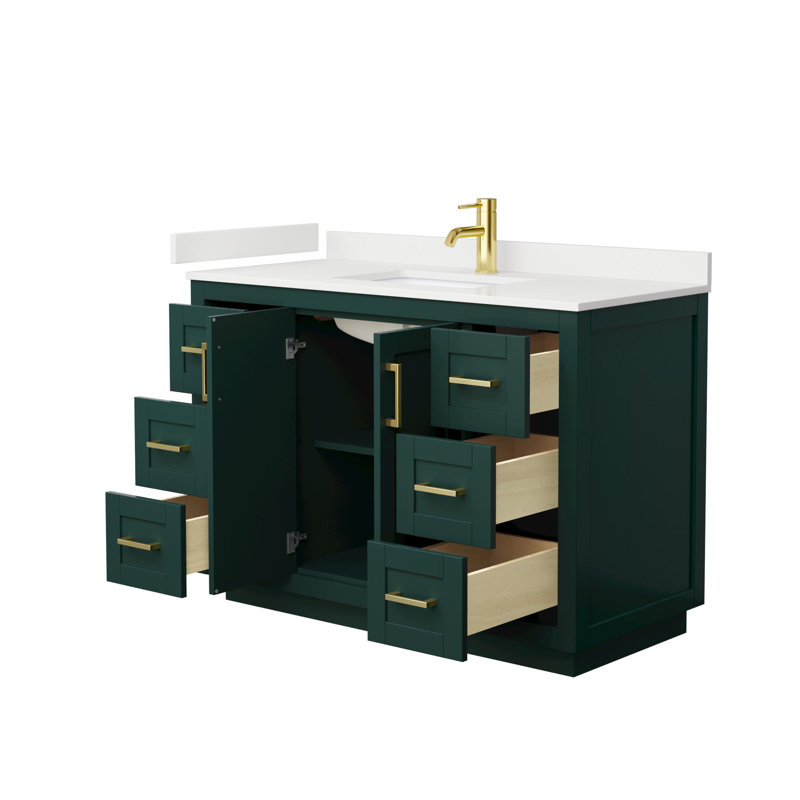 Ensemble de meuble-lavabo simple autoportant 48 po avec plateau en quartz Miranda, Quartz blanc, Vert, Or brossé