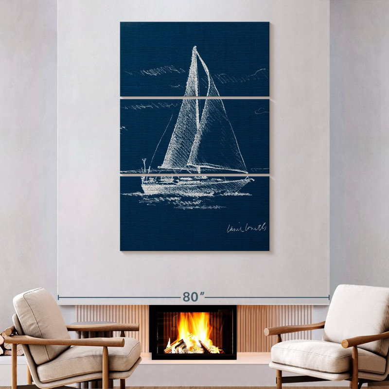 Voilier sur toile de jute bleue I, H 74 po x l 48 po