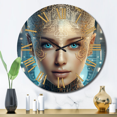 Sci-Fi Portrait Of Golden Futuristic Goddess IV Metal Wall Clock