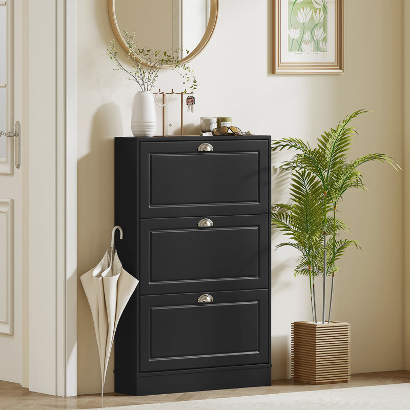 Armoire à chaussures étroite avec 3 tiroirs rabattables pour le vestibule, noir