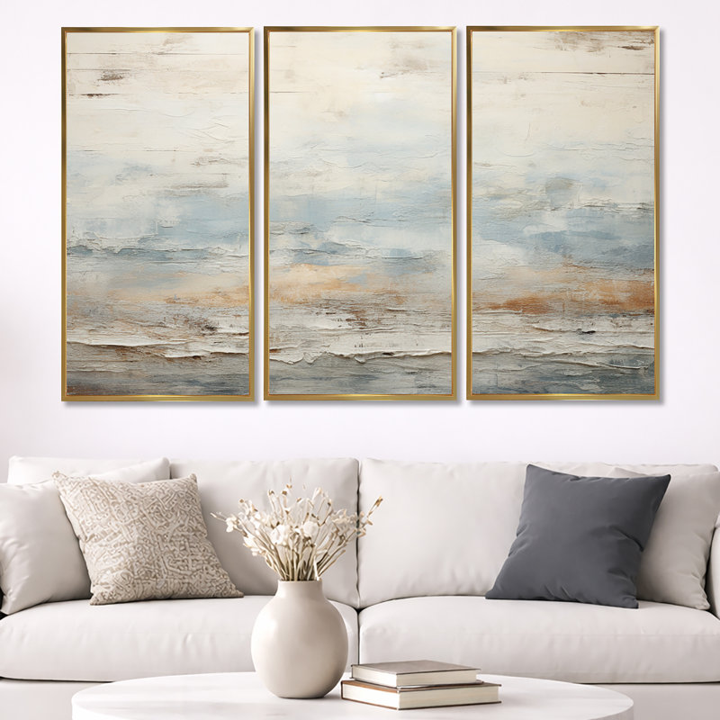 «Beige Blue Ocean Storm», ensemble d'art mural formes abstraites, Cadre flottant doré, H 40 po x l 60 po x P 1 po