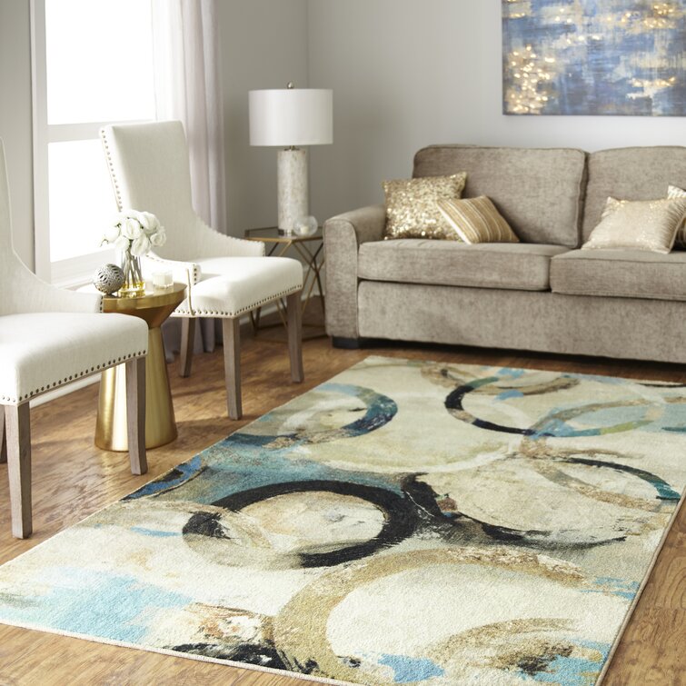 Modern Contemporary Blue Gold Beige Marble Abstract Round Area Rug for  Living Room Bedroom Guestroom Washable Soft Luxury Circular Dining Room  Carpet