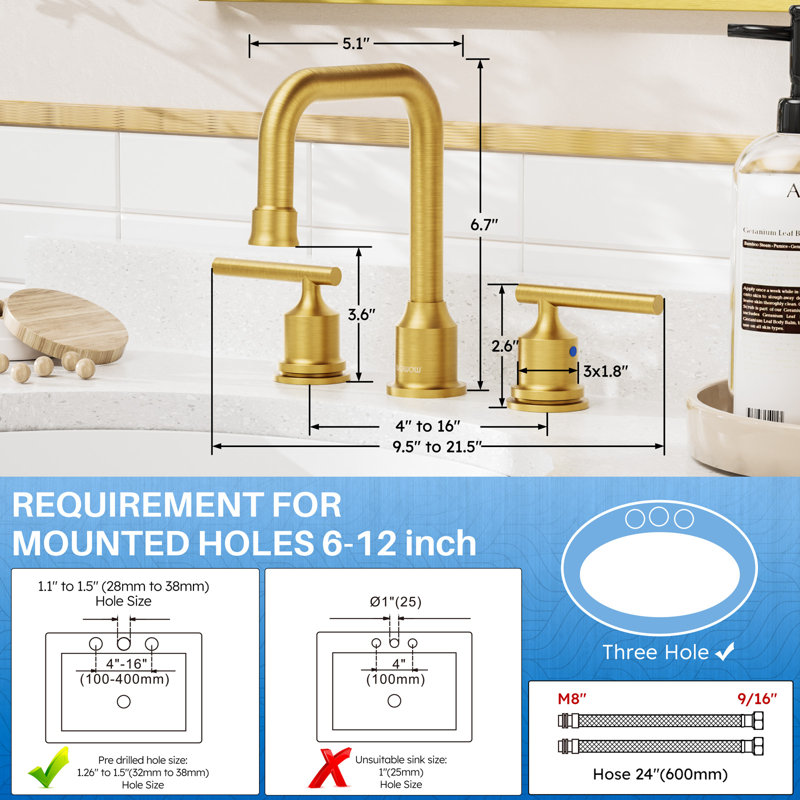 8 Inch Widespread Bathroom Sink Faucet 3 Hole with Pop-up Drain and Supply Lines (2 Pack), Gold