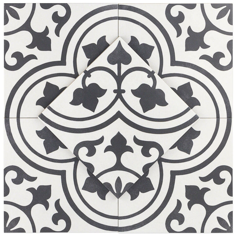 Cascais 9x9 Matte Porcelain Tile, White Ornate