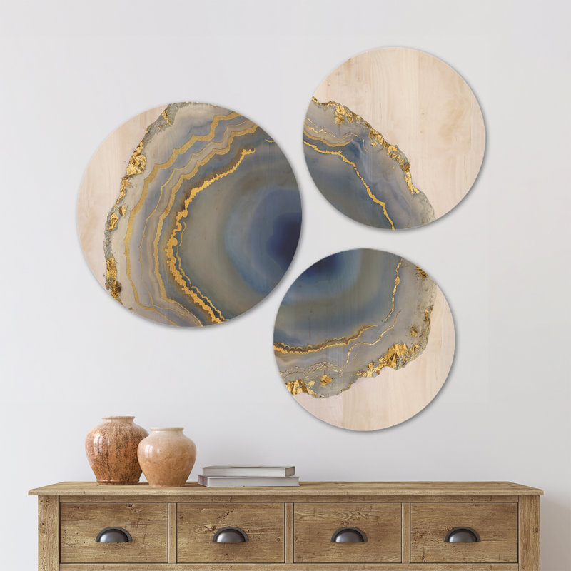 «Water Water Agate» de Designart, impression d'art mural sur bois naturel - ensemble de 3 cercles