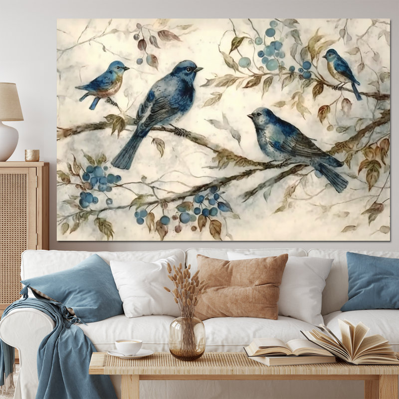 Quatre oiseaux bleus rétro sur une branche IV - Art mural oiseau