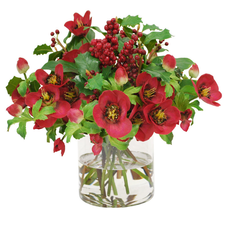 MIXED HELLEBORES AND ROSE IN VASE
