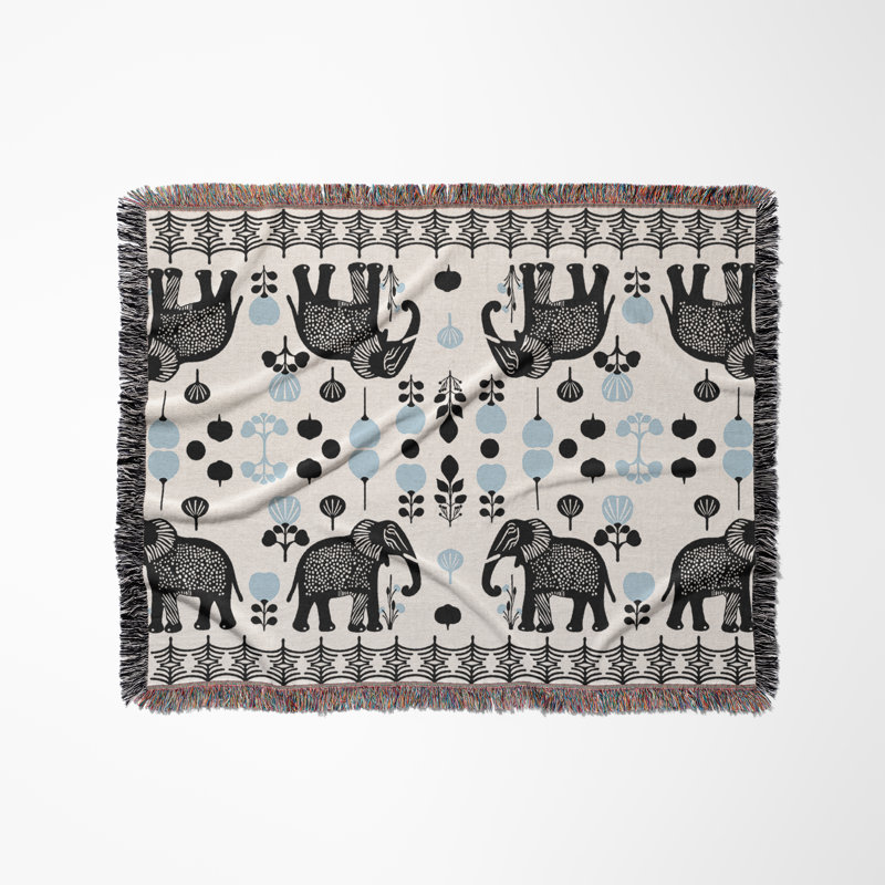 Jeté en mélange de coton Gardo Elephant, L 70 po x l 50 po, Noir, bleu clair, blanc cassé