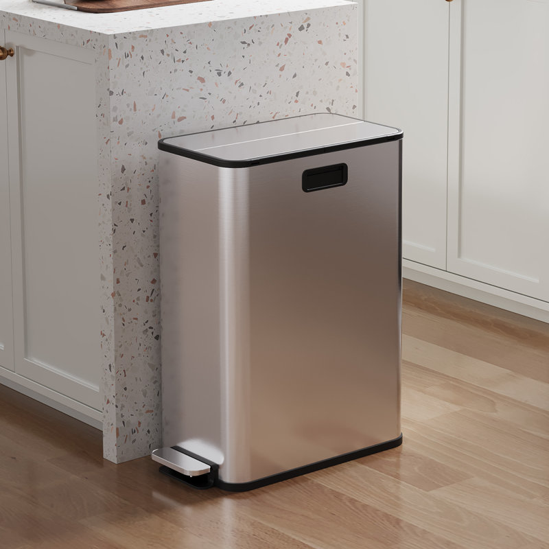 2x28L Dual Bin with Soft-Close Butterfly Lid, 14.8 Gallon Stainless Steel Pedal Bin with Removable Inner Buckets, Rectangle Trash Can, Space-Saving Design, for Kitchen, Living Room, Silver