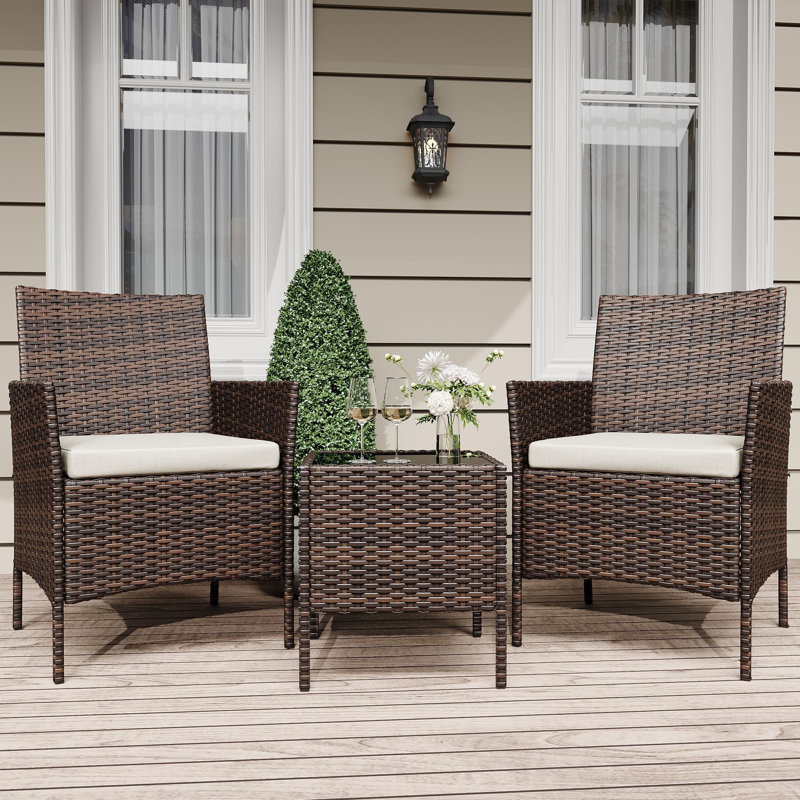 3-Piece Outdoor Bistro Set, PE Rattan Conversation Set with 2 Cushioned Chairs & Tempered Glass Table, All-Weather for Balcony/Patio