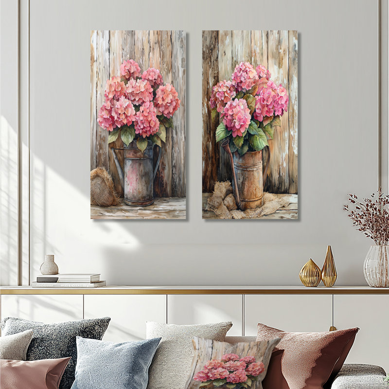 Bouquet d'hortensias rustique à la grange I - ensemble d'art mural en métal rose nature, 32" H x 32" W