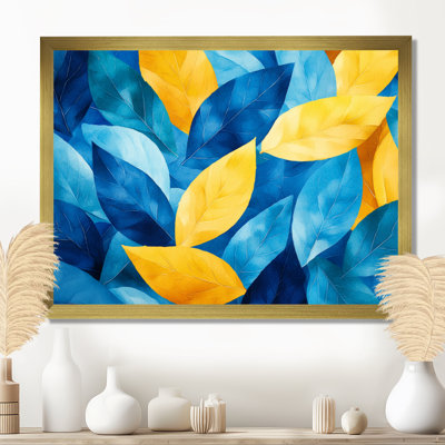 Bleu et jaune, feuilles numériques, feuilles II - art mural floral grand