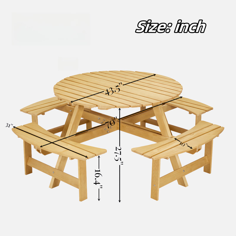 Tanaiya Outdoor 8-Person Round Picnic Table with 4 Built-in Benches, Natural