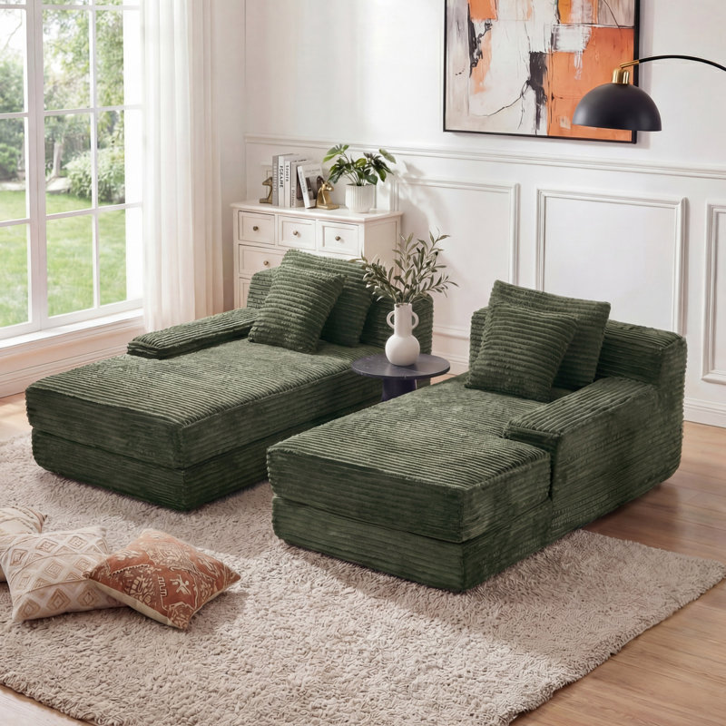 Oversized Modular Flannel Double Chaise Lounge Chair with 4 Pillows, Pure Foam Filled, No Assembly Required, Green, Green