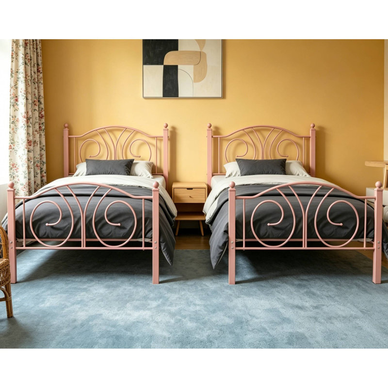 Set Of 2 Twin Size Modern Pink Metal Platform Bed With Headboard And Footboard, 12.6" Under Bed Storage, Pink