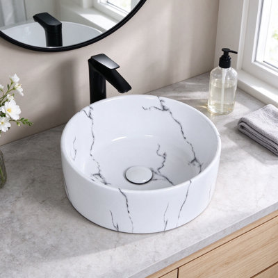 Davivy 15.9" Nordic Marbling Round Vessel Sink with Pop Up Drain Ceramic Bathroom Vessel