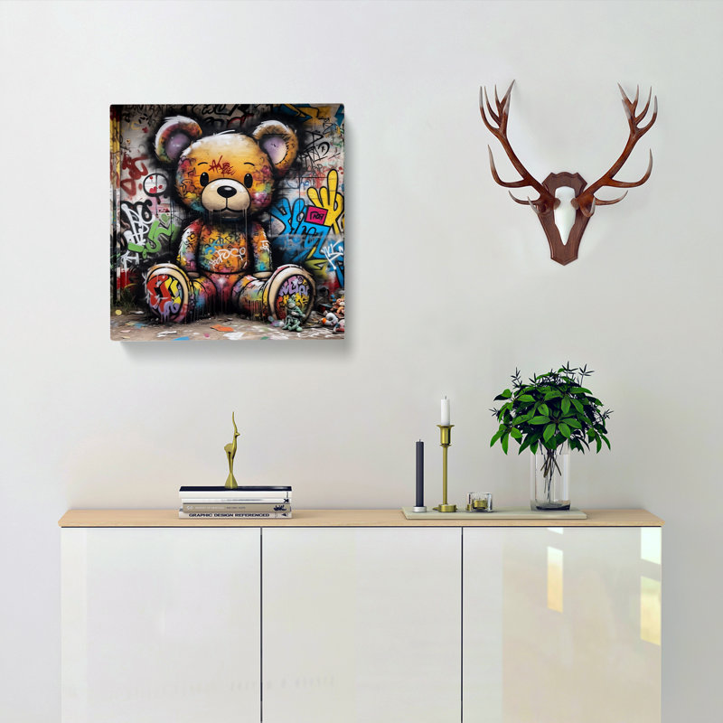 Teddy Bear Graffiti Art - Wrapped Canvas - Framed Print, 50cm H x 50cm W x 3cm D