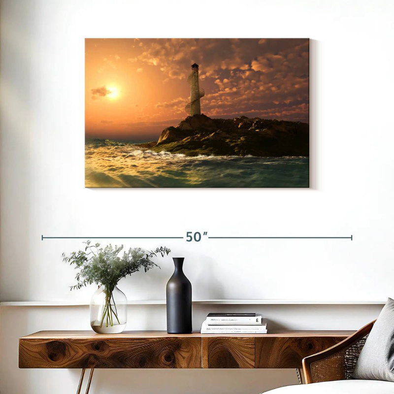 Coucher de soleil sur le phare côtier d'Aletra, H 24 po x l 36 po