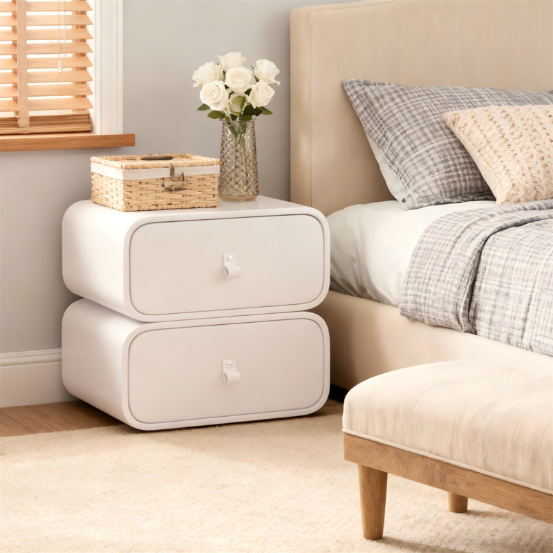 Modern Nightstand With 2 Drawers, Soft-close Fabric Upholstered Handle, Compact Bedside Table For Small Spaces, Wood Frame Storage Cabinet In White, Easy Assembly Required