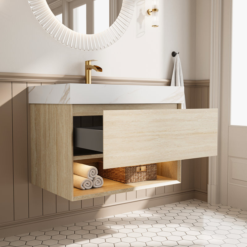 Meuble-lavabo flottant de 30 po avec lavabo, armoire de rangement en contreplaqué, tiroir et tablette avec capteur de lumière, lavabo encastré en céramique et plateau en pierre frittée dorée calacatta, pré-assemblé, finition texturée en travertin