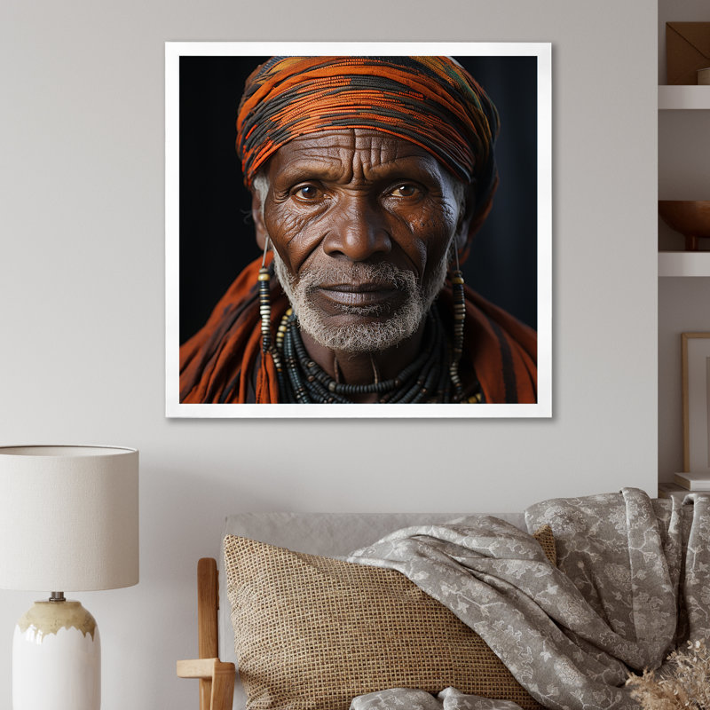 Portrait d'un chef tribal ébène sur toile, Cadre simple blanc, H 30 po x l 30 po x P 1 po