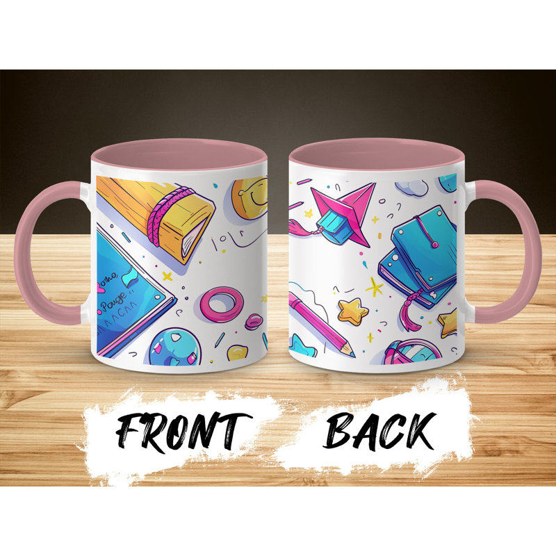 Kids Drawing Style 11oz Accent Mugs – Ceramic Coffee Cup with a Pink Handle and Interior