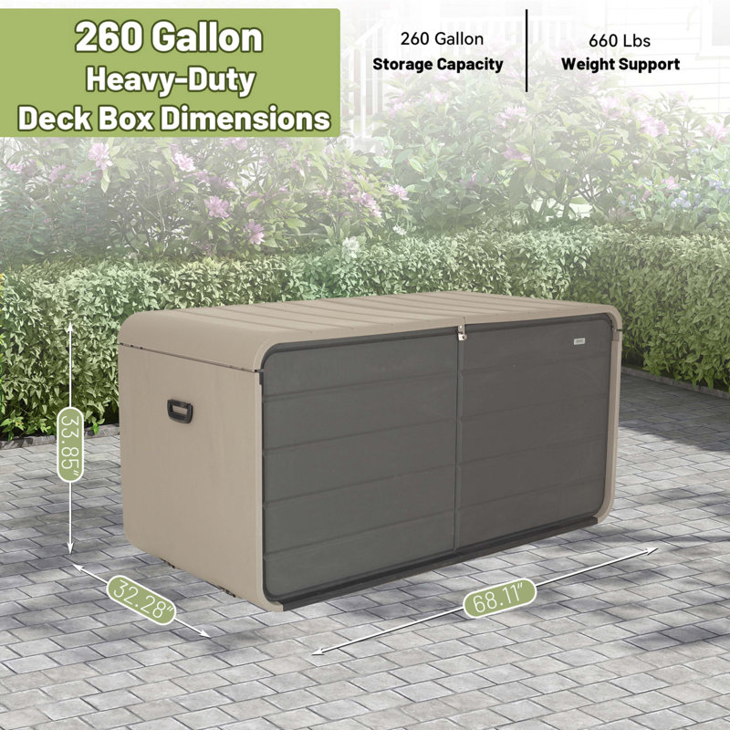 Coffre de terrasse en plastique 260 gallons, Beige, 33.85" H x 68.11" W x 32.28" D