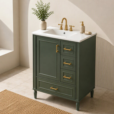 Meuble-lavabo de 61,2 cm (24,12 pouces) avec lavabo en céramique, fini vert olive, portes à fermeture douce, 3 tiroirs et poignées dorées – idéal pour les salles de bains.