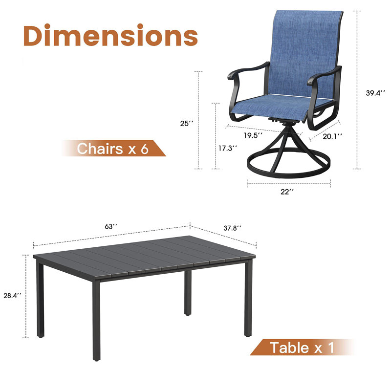 Ensemble repas pour 6 personnes avec table rectangulaire de L 63 po et chaises pivotantes en polyester enduit de PVC