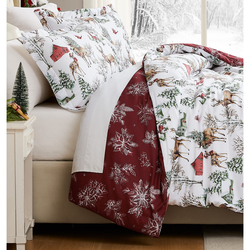 Ensemble de literie réversible Southshore Fine Linens White Christmas, en microfibre brossée 100 g/m², comprenant une housse de couette et une taie d'oreiller, pour les fêtes de fin d'année. Taille : 1 place / 1 place XL.
