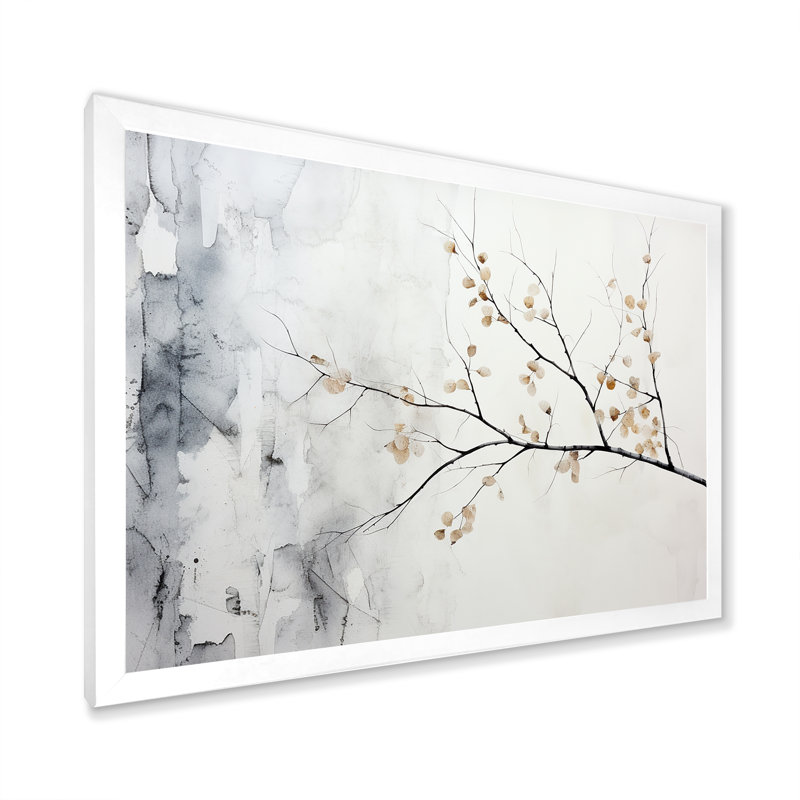 Arbre de minimalisme gris bouleau I sur toile, Cadre photo blanc, H 16 po x l 32 po x P 1 po