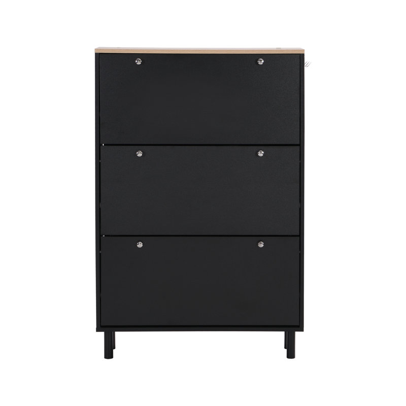 Armoire à chaussures à conception étroite avec 3 tiroirs rabattables, organisateur de hall d'entrée à motif de grain de bois avec 3 crochets, étagère à chaussures autoportante avec panneau réglable pour le couloir