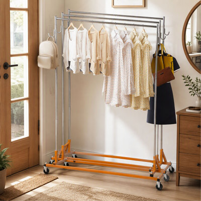 3 Set Industrial Grade Z Base Garment Rack, Height Adjustable Rolling Clothing Rack with Lockable Casters, Orange for Home and Commercial Display