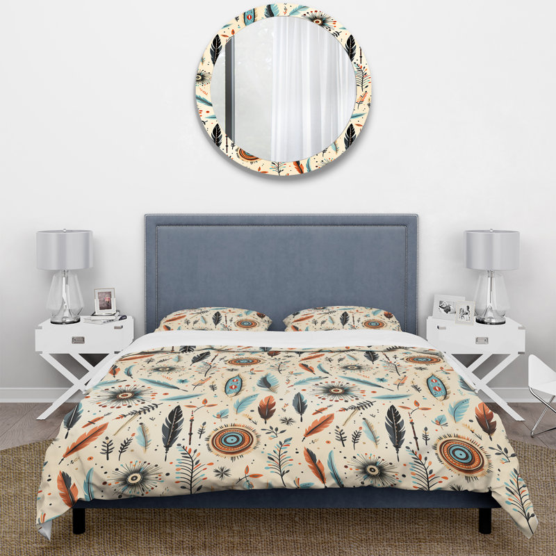 Ensemble de housse de couette beige à motif de nomade II Boho, Housse de couette simple + 1 taie décorative stan