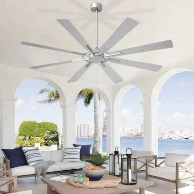 72 Inch Large Ceiling Fan, Modern 8-Blade Silver and Wood Grain Indoor Outdoor Fans with Remote App Control, Quiet DC Motor Reversible 6 Speed Timer