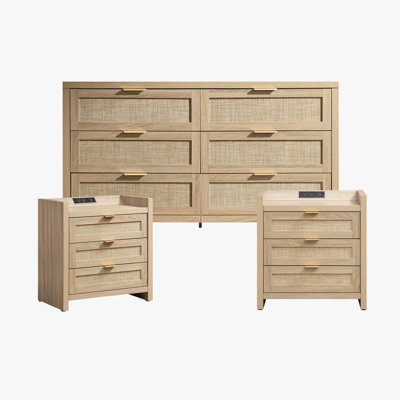 Boho Rattan 3 Piece Bedroom Set, 6-Drawer Dresser And 3-Drawer Charging Station Nightstand