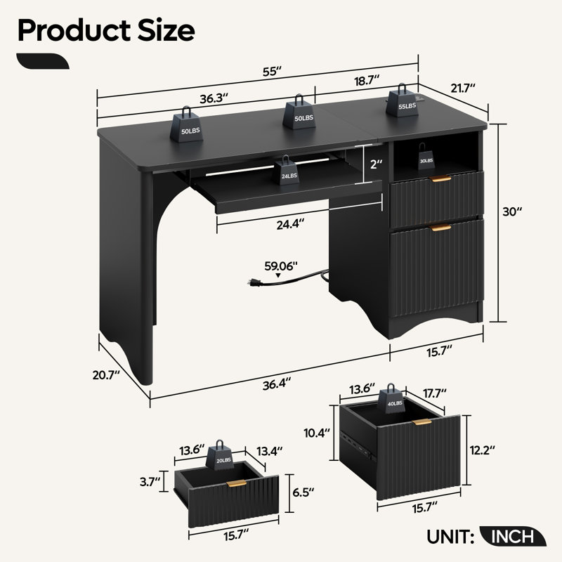 Bureau de direction de 55 po avec prise de courant et plateau pour clavier Labelle , Noir, noir, noir, noir, Non