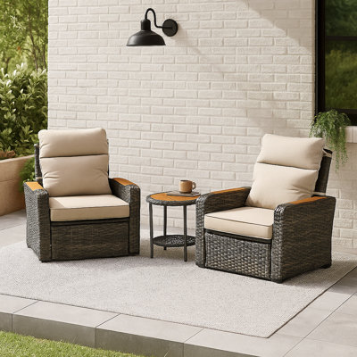 3-Piece Patio Recliner Set with Cushions and Table, Weather-Resistant Wicker and Eucalyptus Wood Arms