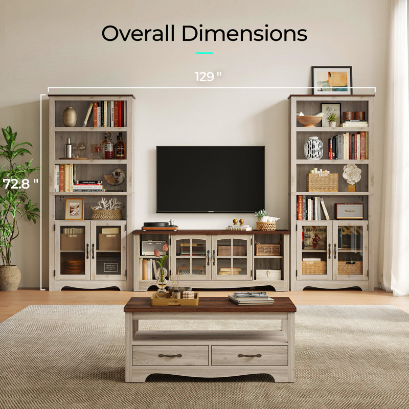 Meuble télé modulaire Callison Farmhouse, Bois beige, H 72 po x L 129 po x l 15,5 po
