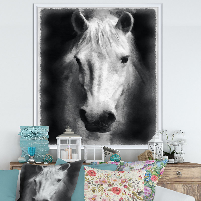 Farmhouse Horse I - reproduction d'art sur toile, H 46 po x l 36 po x P 1,5 po, Cadre flottant noir
